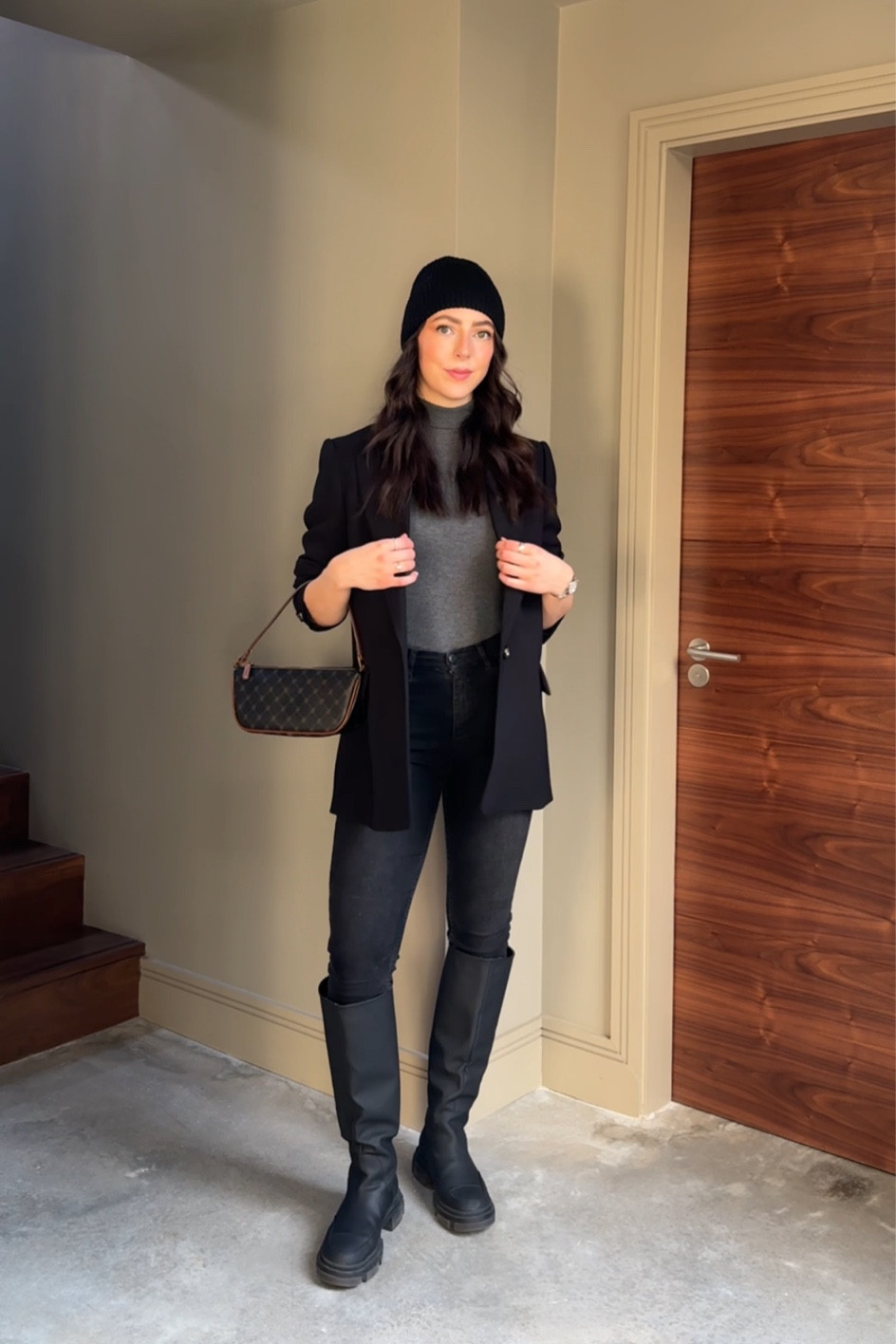Knee high boots, skinny jeans, printed shoulder bag, grey polo neck, black beanie, winter outfits, chic winter style, winter styling, black blazer 

#LTKstyletip #LTKSeasonal #LTKeurope