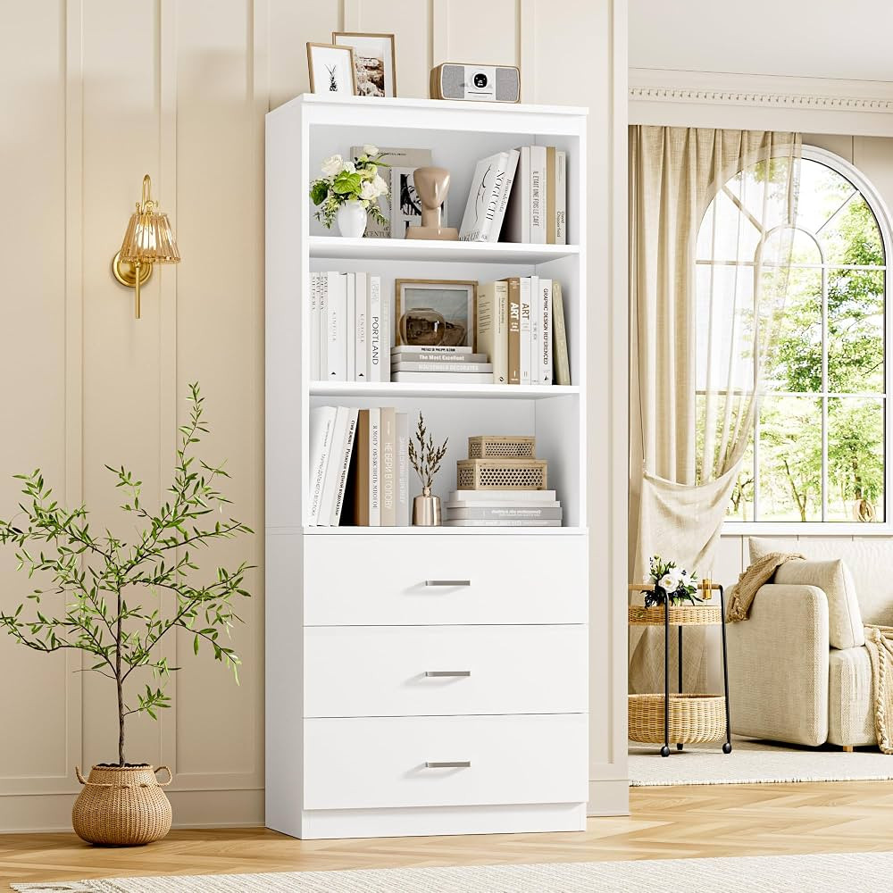 FOTOSOK 71" H White Bookshelf with Drawers, Bookshelf and Bookcase with 3-Tier Open Shelves, Tall... | Amazon (US)