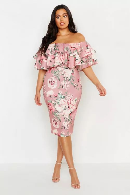 Plus Off Shoulder Floral Ruffle Midi Dress | Boohoo.com (UK & IE)