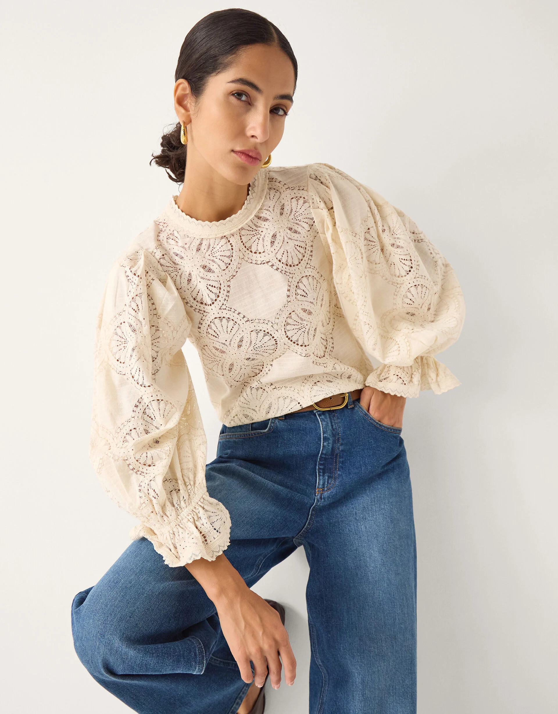 Imogen Lace Insert Blouson Blouse Ivory | Monsoon (UK)