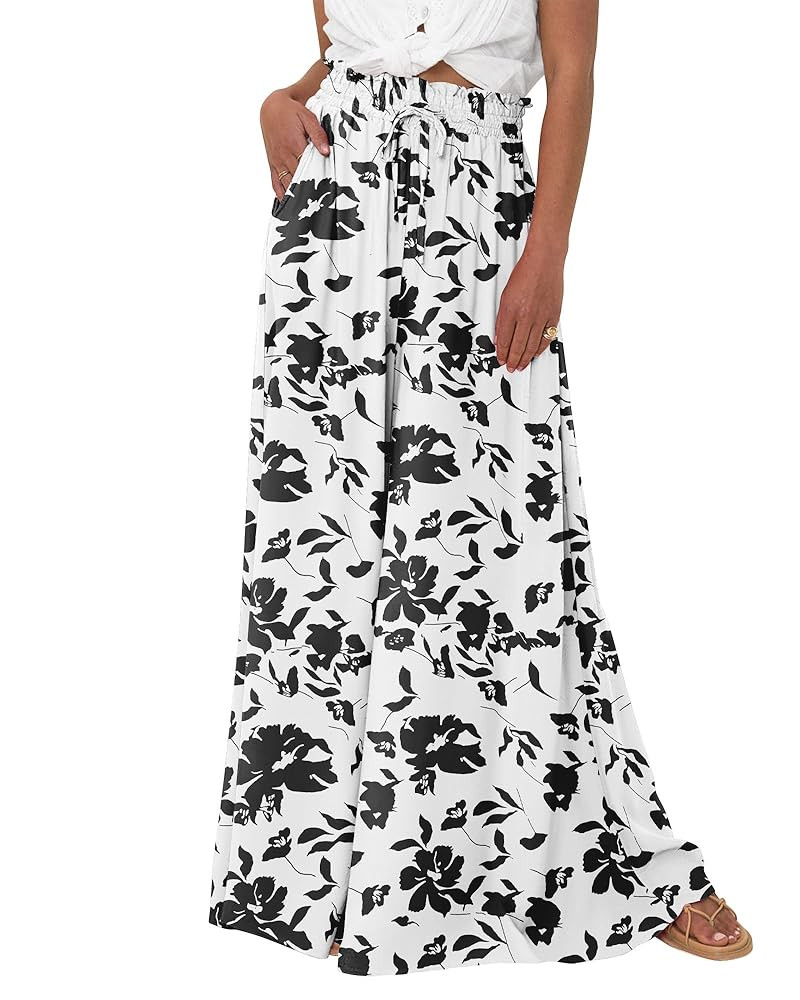 BTFBM Women Casual High Waist Wide Leg Pants Summer Floral Solid Long Palazzo Pants Lounge Beach ... | Amazon (US)