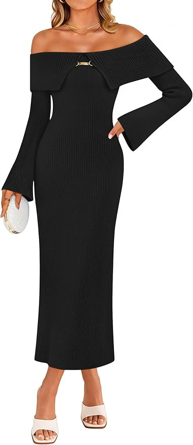 ZESICA Women's Fall Off Shoulder Sweater Dress 2025 Bell Long Sleeve Ribbed Knit Bodycon Formal M... | Amazon (US)