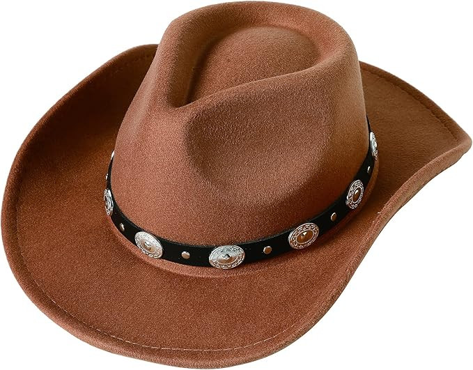 Lanzom Women Men Felt Wide Brim Western Cowboy Hats Belt Buckle Panama Hat | Amazon (US)