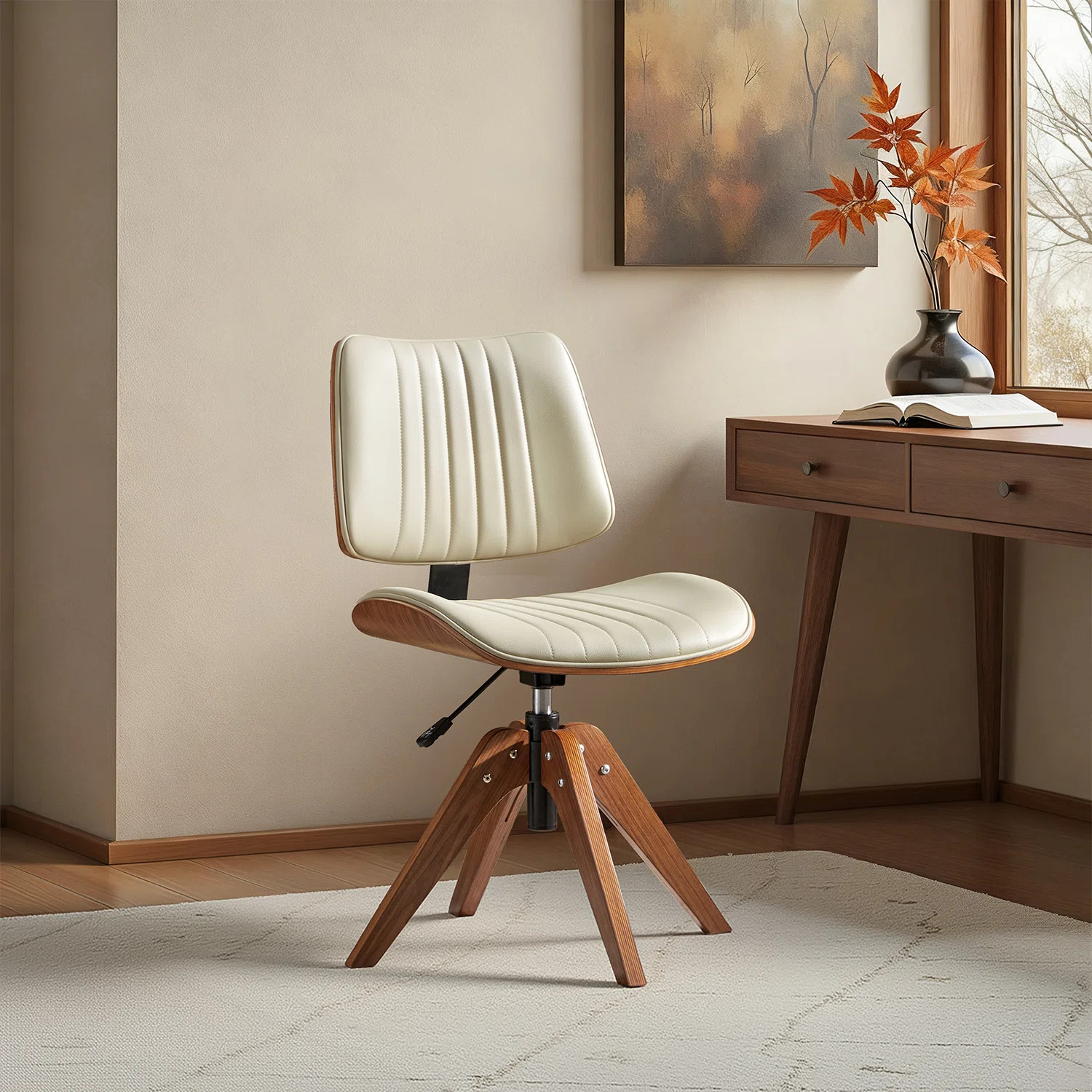 Kalene 35.75'' H Mid-century Modern Rotating Lifting Office Chair with Solid Wood Legs and Bentwo... | Wayfair North America