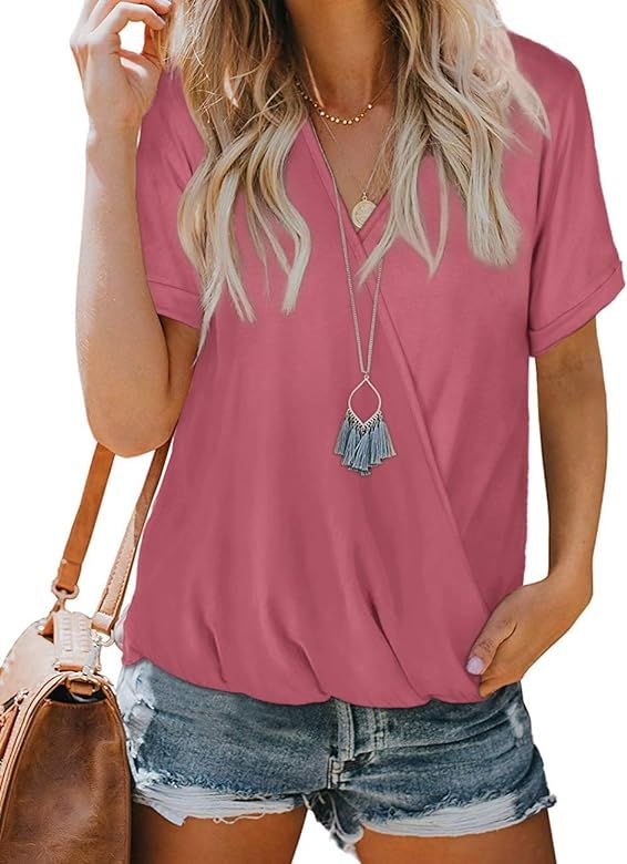 NSQTBA Womens V Neck Wrap Tops Short Sleeve Summer Blouses Loose Casual Shirts | Amazon (US)