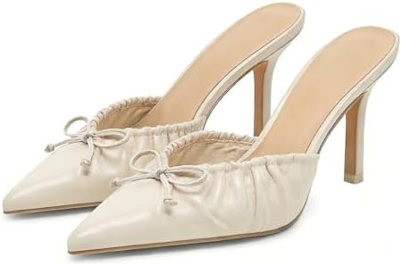 Kitten Heels for Women Bow Pointed Toe Heel Dressy Slip on Mules Trendy Sexy Stiletto Pumps Shoes | Amazon (US)