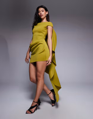 ASOS DESIGN bardot mini dress with train detailing in olive | ASOS (Global)