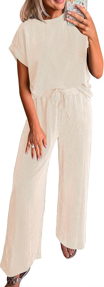 KIRUNDO 2 Piece Sets for Women Dressy Casual Ribbed Knit Short Sleeve Tops Wide Leg Pants Lounge ... | Amazon (US)