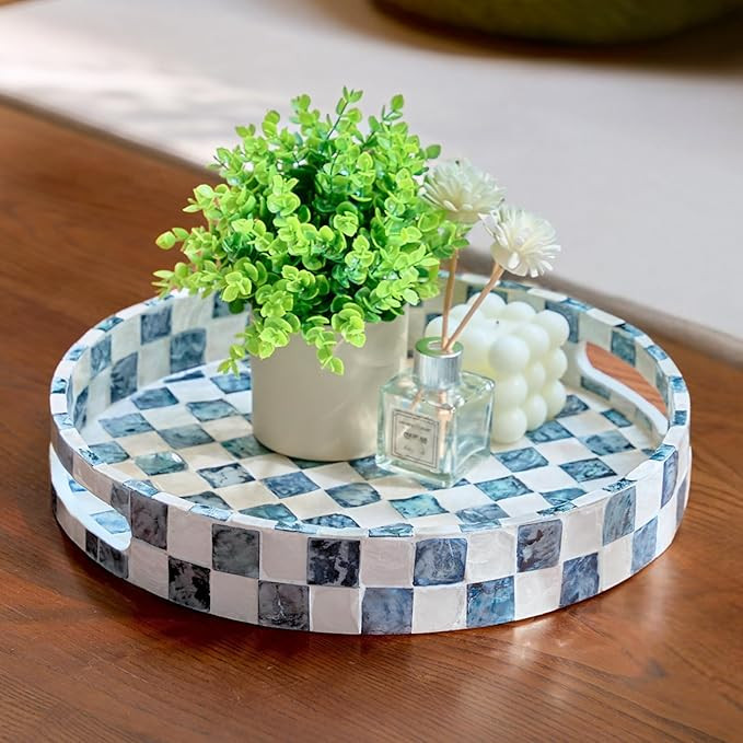 CHI AN HOME 12.6" Round Decorative Tray with Handles, Checkered Capiz Mother of Pearl Serving Tra... | Amazon (US)