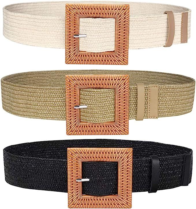 Women Skinny Dress Belt, Fashion Straw Woven Elastic Stretch Waist Band Wood Buckle Belt | Amazon (US)