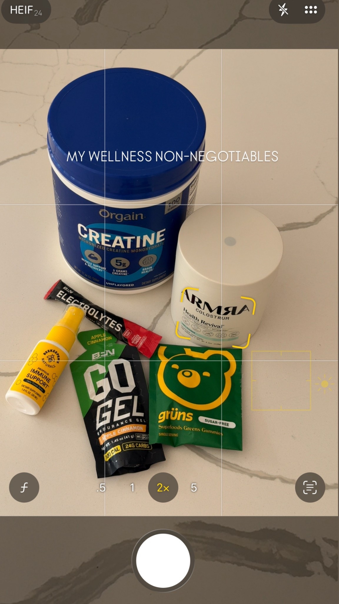 My wellness non negotiable 
Creatine 
Armra 
Gruns 
Go gel 
Electrolytes 
Polin spray 


#LTKHome #LTKActive #LTKfitnessgoals