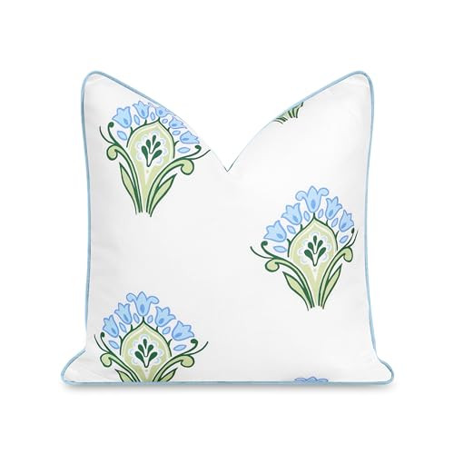 Hofdeco Premium Coastal Patio Indoor Outdoor Throw Pillow Cover Only, 20"x20" Water Repellent for Backyard, Couch, Baby Blue Green Floral with Piping | Amazon (US)