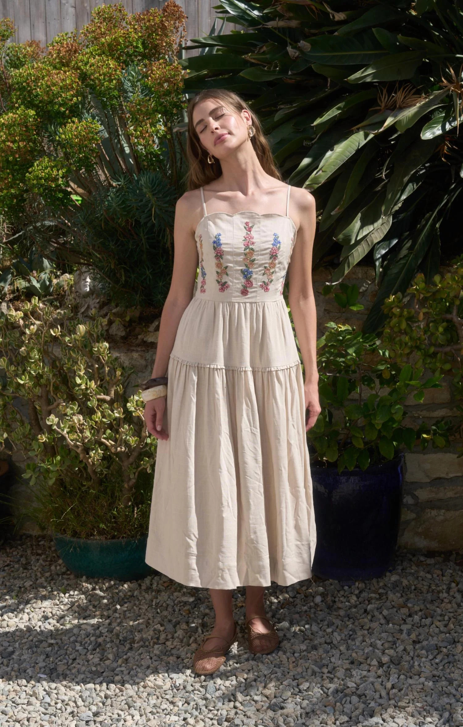Ashley Scallop Midi Dress In Beige | Shop Simon