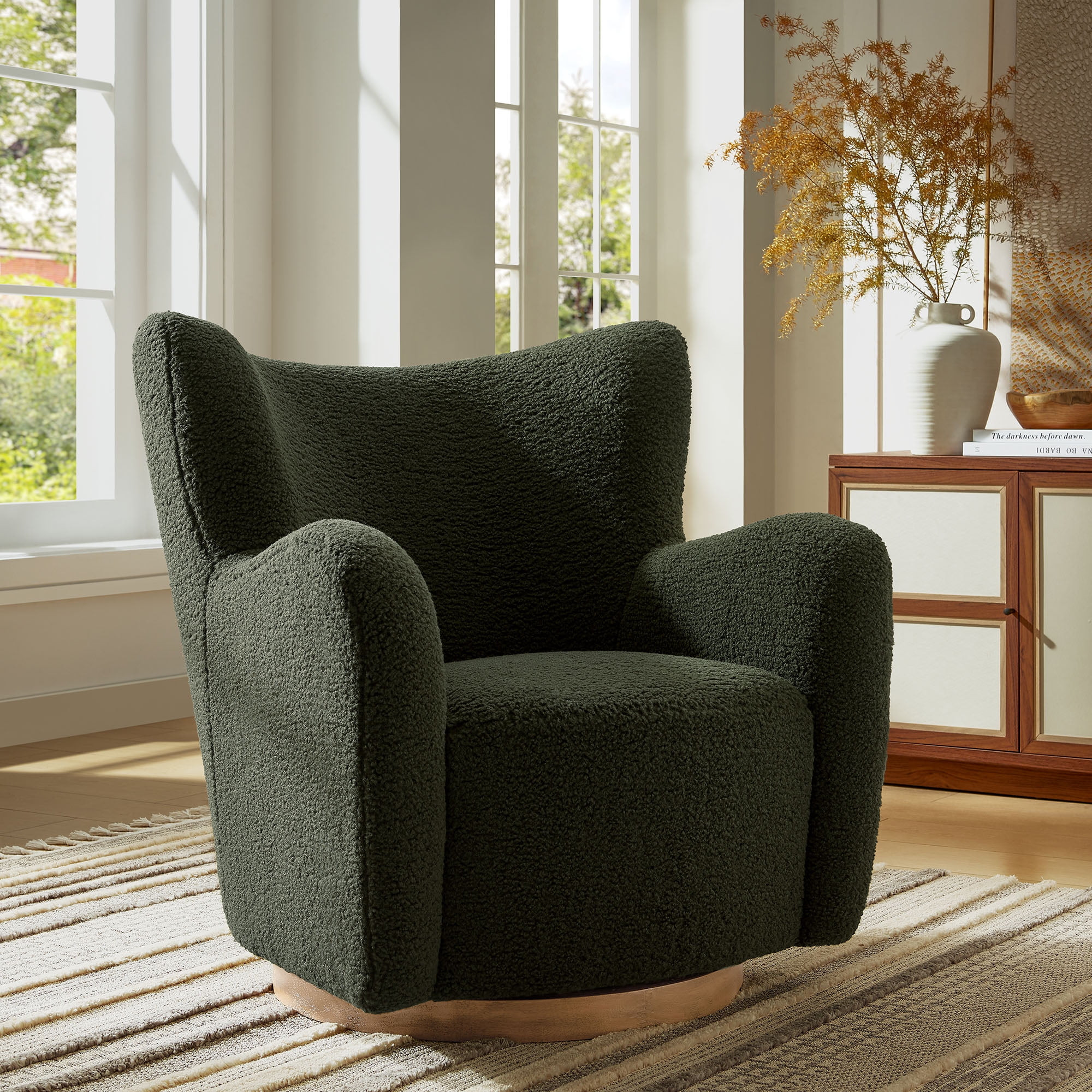 Modway Montrose Wingback Sherpa Swivel Accent Chair in Fern Walnut | Walmart (US)