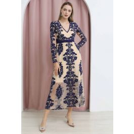 V-Neck Floral Embroidered Mesh Maxi Dress in Navy | Chicwish