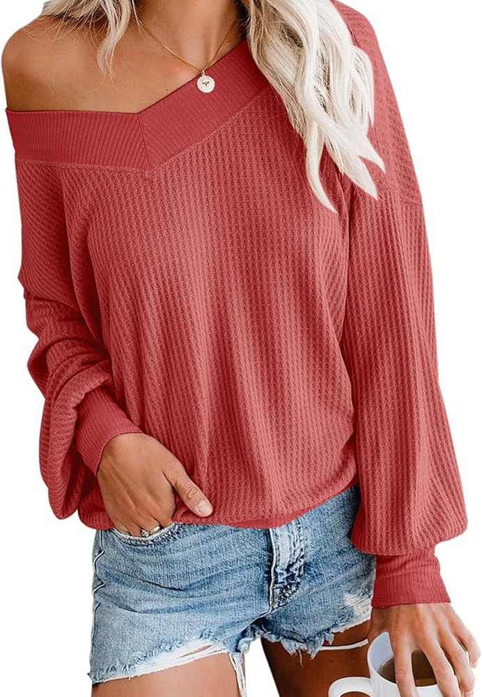 Adreamly Women's V Neck Long Sleeve Waffle Knit Top Off Shoulder Oversized Pullover Sweater | Amazon (US)