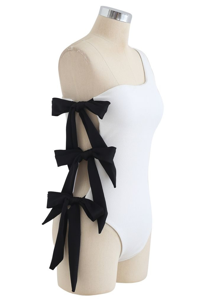 Bowknot Side One-Shoulder Swimsuit in White | Chicwish