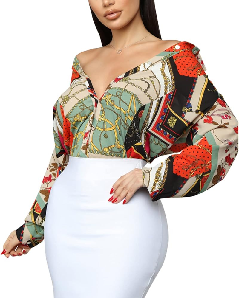 Womens Sexy V-Neck Blouses Shirt Dress Long Sleeve Floral Button Down Collar Shirts | Amazon (US)