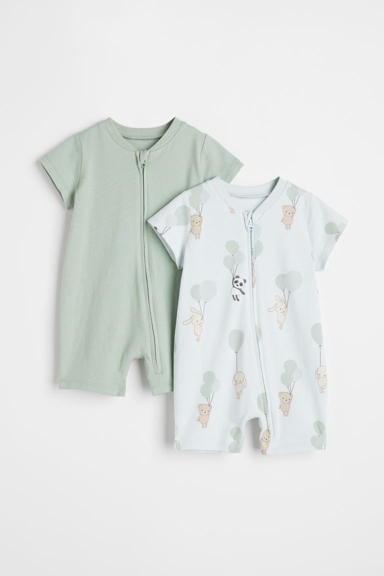 Short-sleeved pajama jumpsuits in soft cotton jersey. Concealed zipper at front and along one leg... | H&M (US + CA)