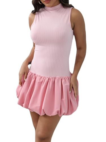 Mojessy Mini Dresses for Women Sexy Sleeveless Mock Neck Knit Bubble Dress Y2K Party Club Dress Bodycon Sundress Large Pink | Amazon (US)