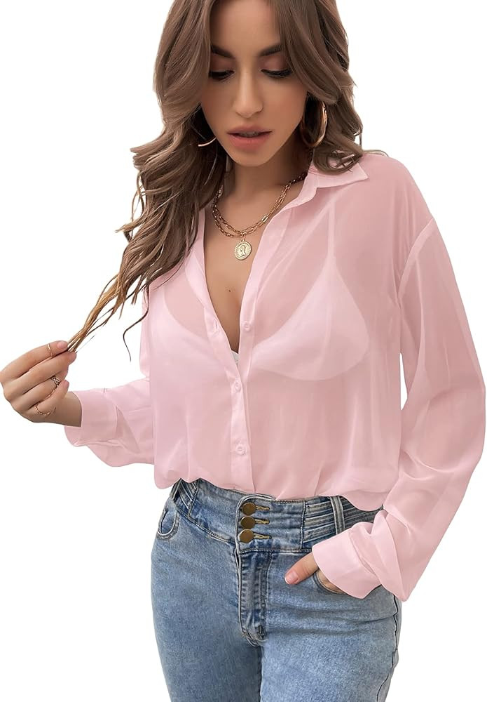 Verdusa Women's Sheer Mesh Button Down Shirt Top Long Sleeve Drop Shoulder Blouse | Amazon (US)