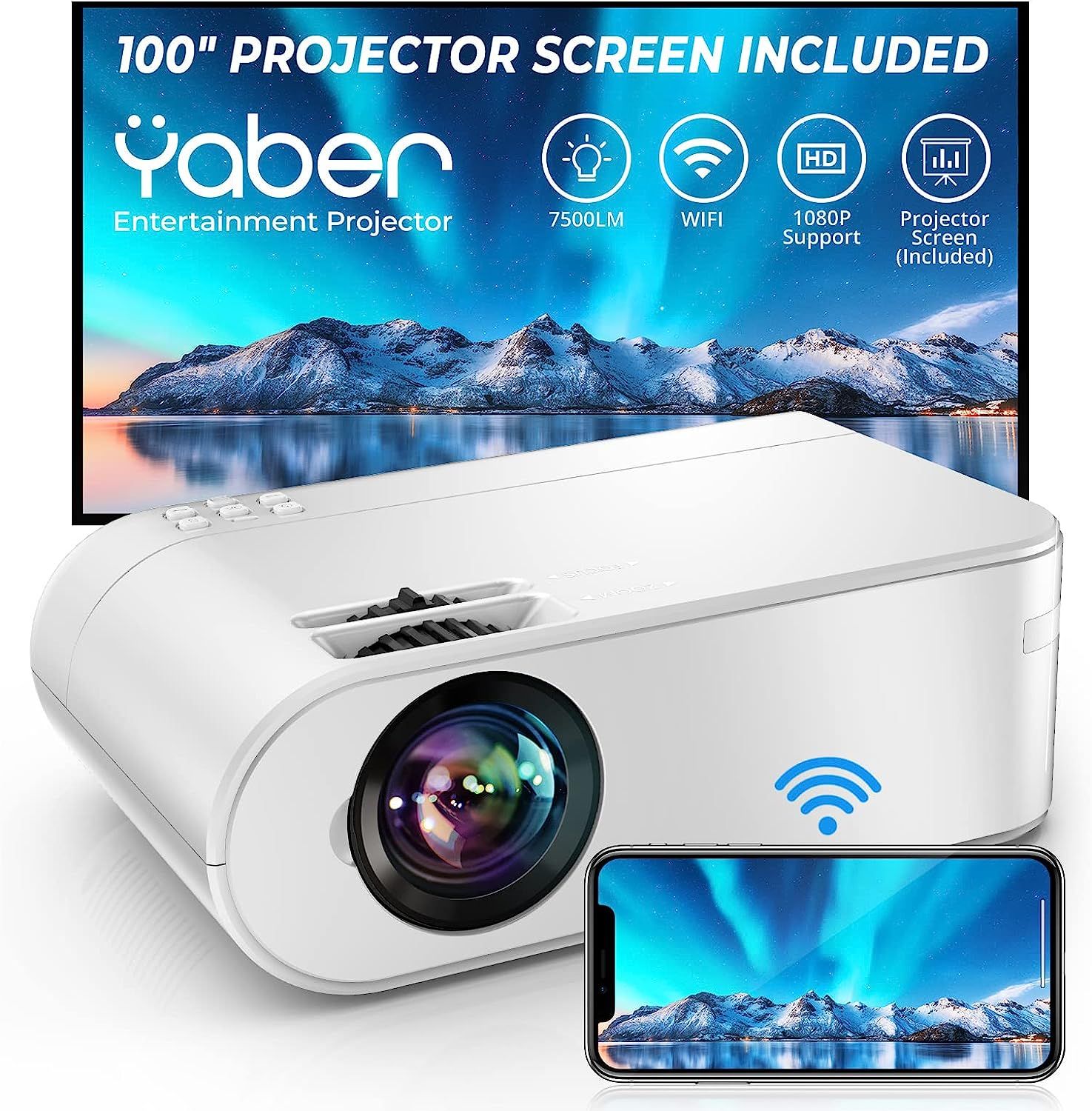 YABER V2 WiFi Mini 7500L Projector [Projector Screen Included] 1080P Full HD and 300" Supported, ... | Amazon (US)