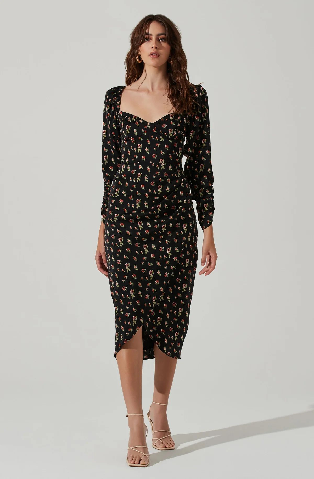 Floral Long Sleeve Milkmaid Satin Midi Dress | ASTR The Label (US)