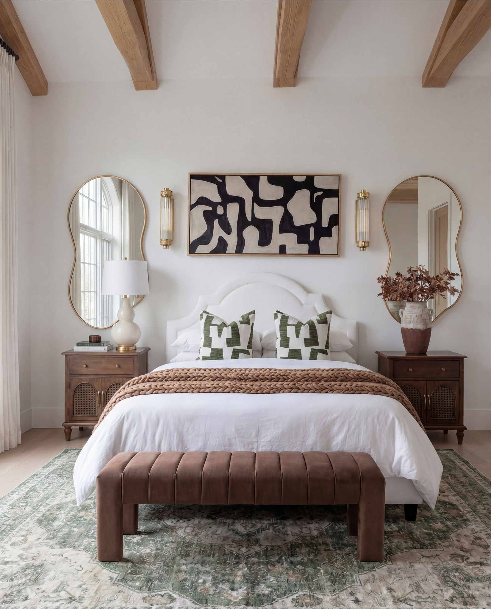 Shop the Look:
• White upholstered arched headboard bed
• White cotton duvet cover + pillow shams
• Green vintage-style area rug (distressed pattern)
• Brown chunky knit throw blanket
• Dark wood nightstands with cane doors
• White ceramic table lamp (round base)
• Brass wall sconces with glass shades
• Organic shape gold wall mirrors
• Black and beige abstract framed wall art
• Green geometric throw pillows
• Upholstered brown bench (channel tufted)
• Dark wood dresser with brass pulls
• Round ivory accent chair
• Cream throw blanket (soft knit texture)
• Tall brass floor lamp with white shade
• Decorative book stack (neutral tones)
• Small wood decorative box
• Brass round tray
• White pedestal decorative bowl
• Marble candle holders with brass rings
• Taper candles (ivory)
• Large ceramic vase with dried stems

#LTKHome #LTKSaleAlert