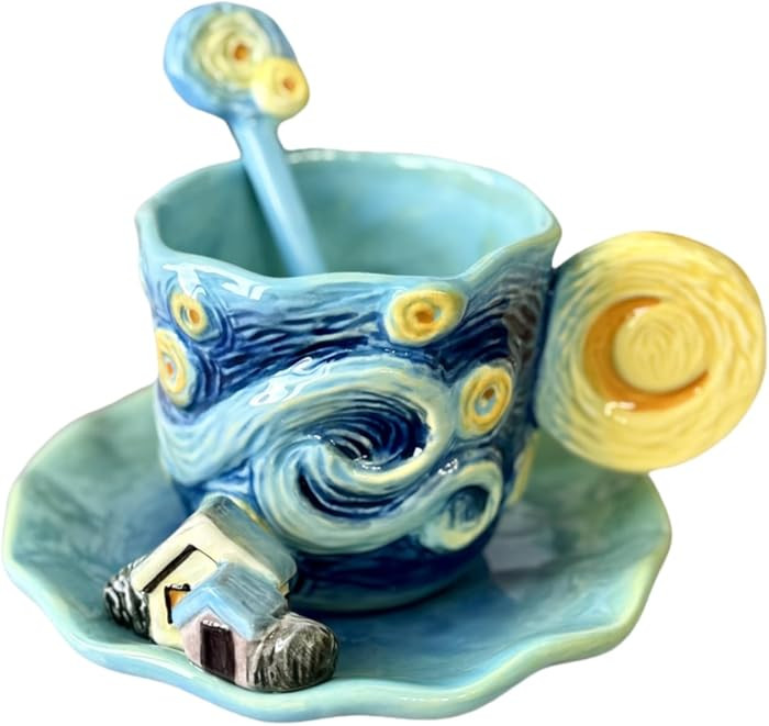 FORLONG Ceramic Starry Sky Coffee Mug and Saucer set with Spoon,3D Handmade and Hand-painted Tea ... | Amazon (US)