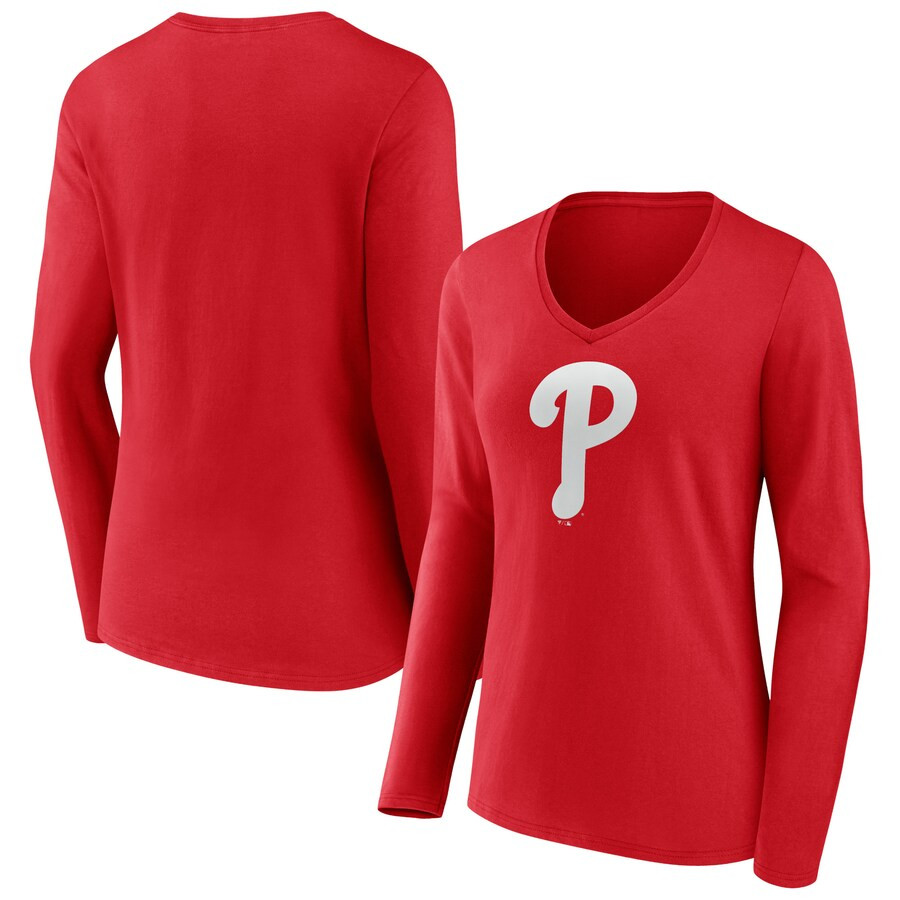 Women's Philadelphia Phillies Fanatics Branded Red Official Logo V-Neck Long Sleeve T-Shirt | MLB Shop