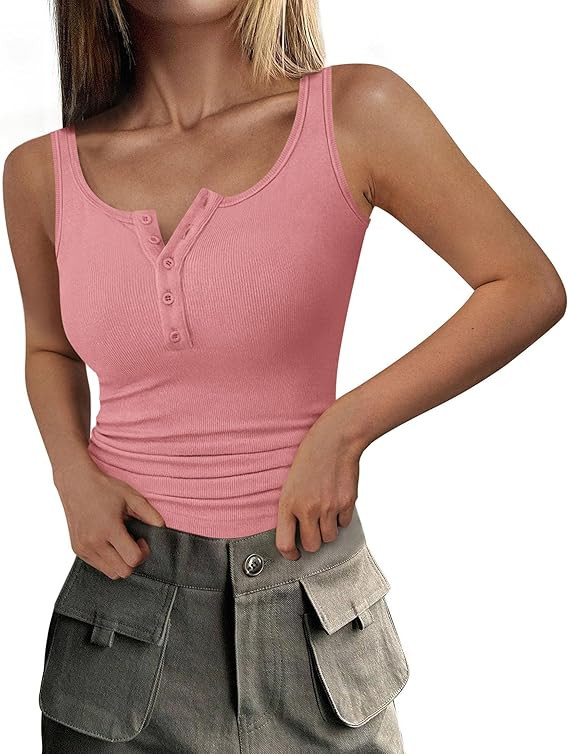 PRETTYGARDEN Womens 2026 Summer Tank Tops Ribbed Knit Slim Fit Sleeveless Henley Shirts Casual Ba... | Amazon (US)
