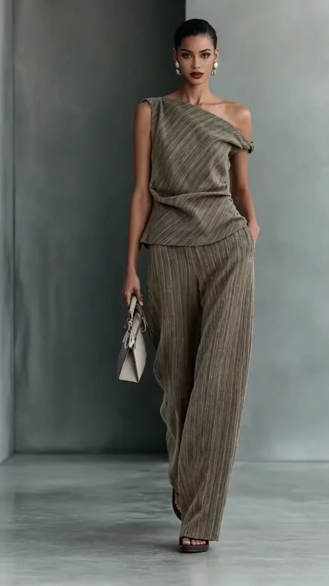 Olive green linen two-piece set with an asymmetrical off-shoulder design, blending understated sophistication with effortless everyday elegance.
