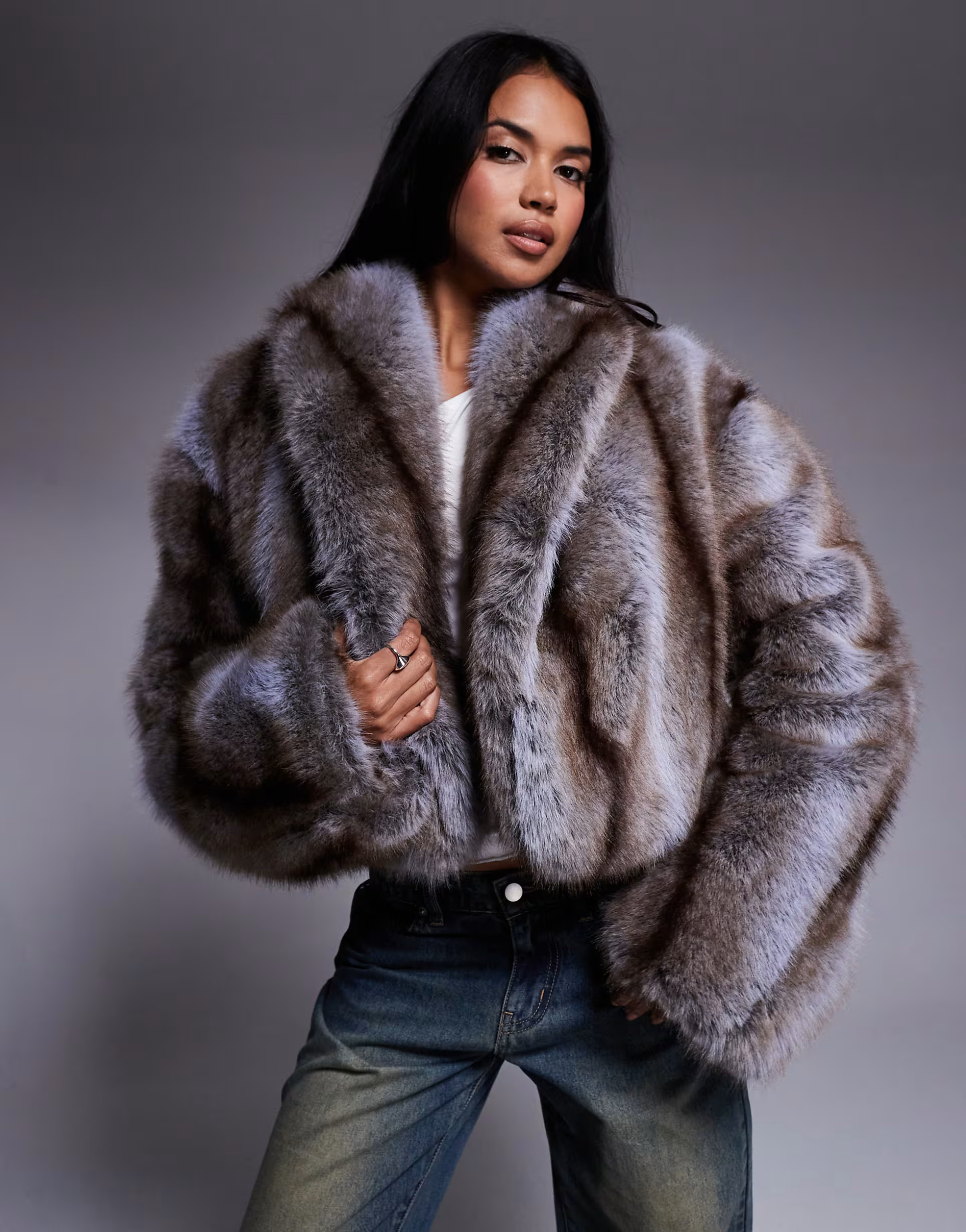 AFRM cropped faux fur jacket in brown stripe | ASOS | ASOS (Global)