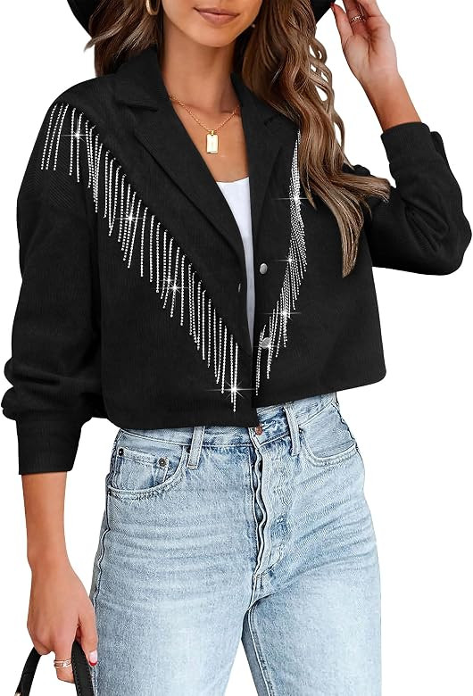Nlife Womens Corduroy Crop Shirt Jacket Sparkly Rhinestone Fringe Shackets Nashville Concert Outf... | Amazon (US)