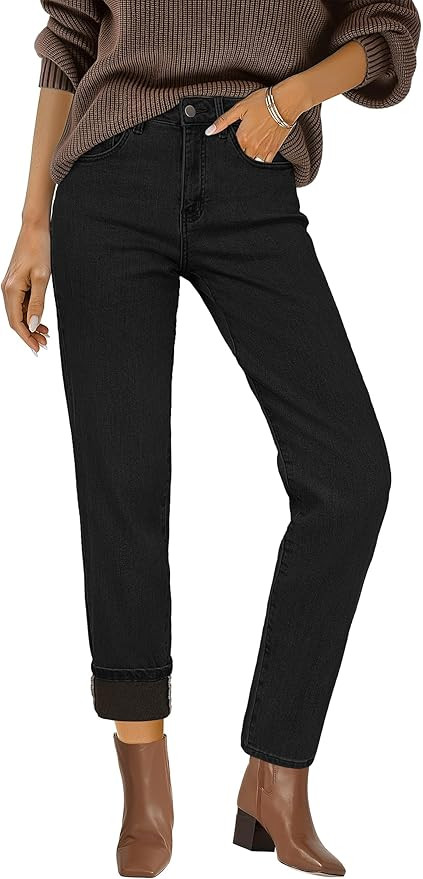 Arach&Cloz Women's Thin Fleece Lined Jeans High Waisted Stretch Warm Straight Leg Pants 2025 | Amazon (US)
