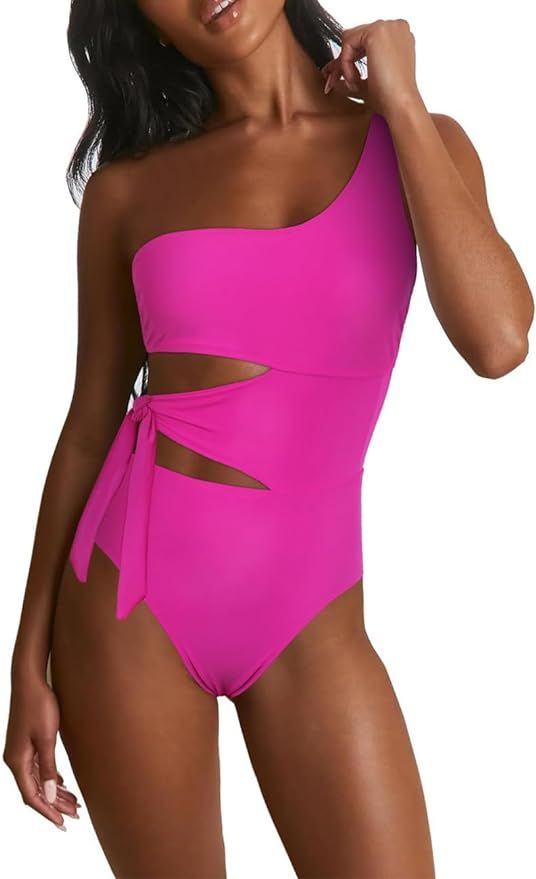 Hilor Women's One Shoulder Swimsuit Sexy Cutout Swimwear Cute Tie Side One Piece Bathing Suits | Amazon (US)