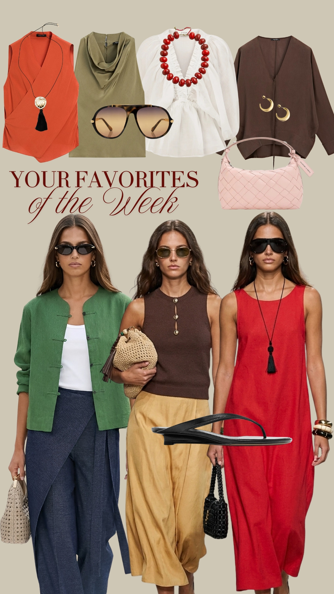 BESTSELLERS OF THE WEEK ✨ Your most loved summer pieces of the week ✨ TAGS: crossover orange top, olive halter top, white airy blouse, brown long sleeve blouse, green linen overshirt Massimo Dutti, aviator sunglasses, black sandals, red dress with open back Massimo Dutti, blue crossover trousers, yellow silk skirt, summer necklace, red necklace, golden earrings 

 #LTKootd #LTKOver40 #LTKSaleAlert