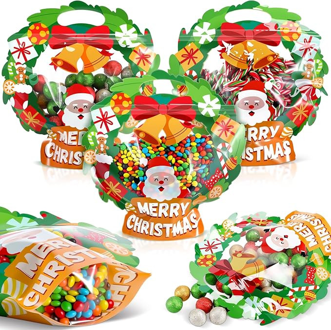 Fuutreo 25 Pcs Christmas Treat Bags Transparent Santa Claus Wreath Candy Pouches, Resealable Self... | Amazon (US)