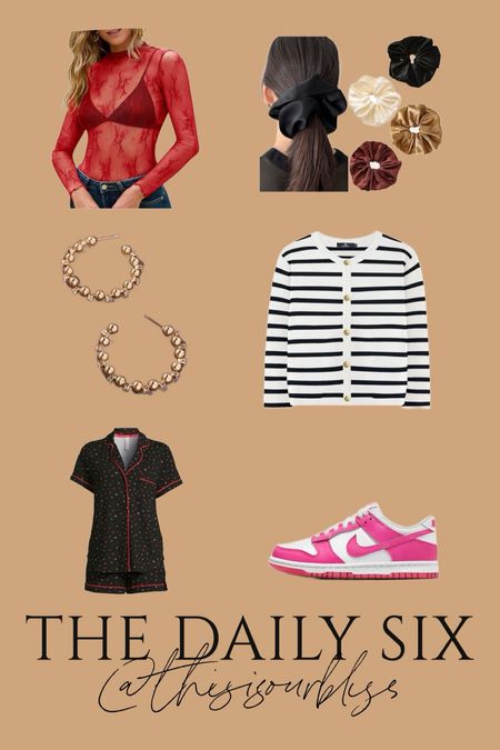 The daily six 🖤 Today’s daily finds! 
Red mesh lace, shirt
Oversized satin scrunchies
gold studded ball hoops
striped cardigan
Valentines pajamas 

Amazon fashion, Walmart fashion, Nike, looks for less, Valentine’s Day style, Valentine’s Day outfit, date night outfit ideas
pink dunks 🧼

#LTKfindsunder100 #LTKfindsunder50 #LTKsalealert