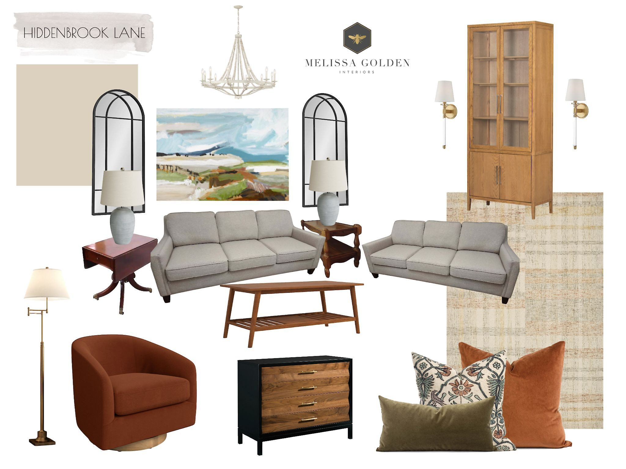 Blending the old with the new-this mood board reflects the client's desire to preserve select original furniture pieces while introducing fresh textures, warm tones, and timeless accents for a cohesive and updated space.  

 