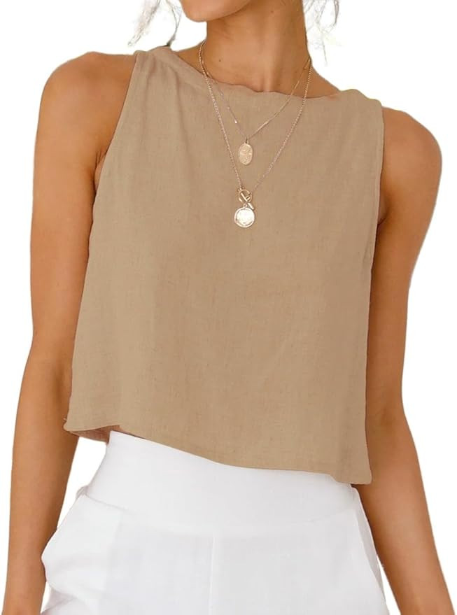 IDEALSANXUN Womens Linen Crop Tank Tops 2026 Spring Summer Beach Sleeveless Tops | Amazon (US)