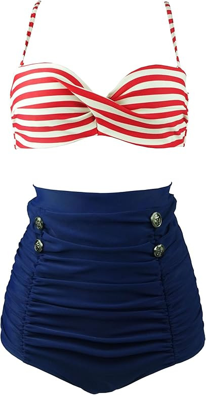 COCOSHIP Retro Polka Dot Twisted Front High Waisted Bikini Set Tie Belt Vintage Ruched Swimsuit(F... | Amazon (US)