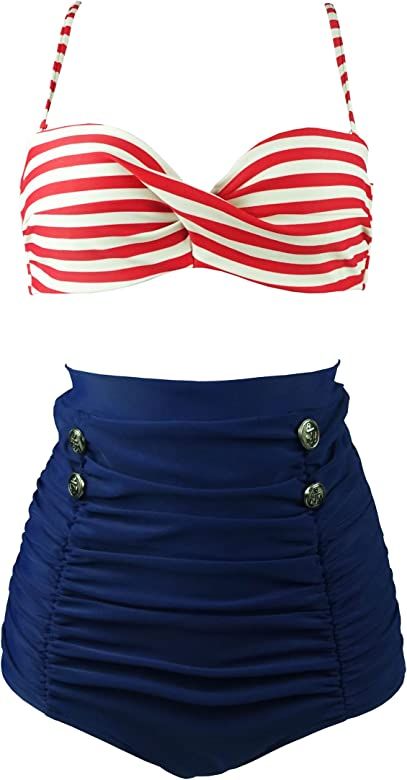 COCOSHIP Retro Polka Dot Twisted Front High Waisted Bikini Set Tie Belt Vintage Ruched Swimsuit(FBA) | Amazon (US)