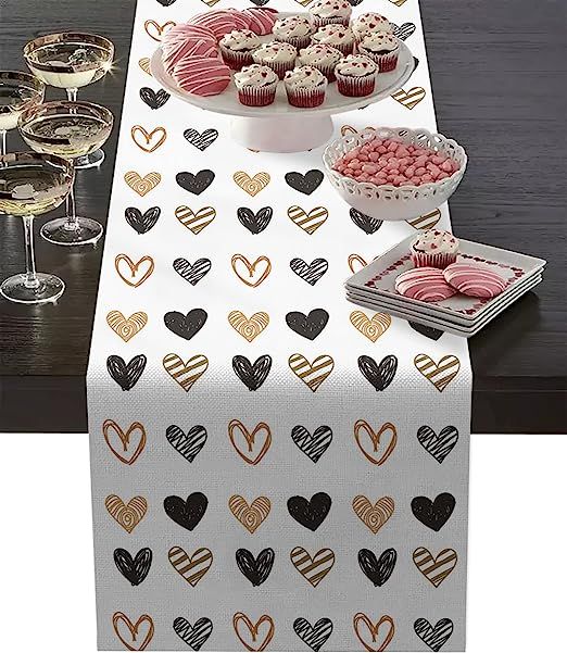 Valentines Table Runner Simple Heart Shapes Hand Draw Table Linens Cotton Non-Slip Runners for Ho... | Amazon (US)