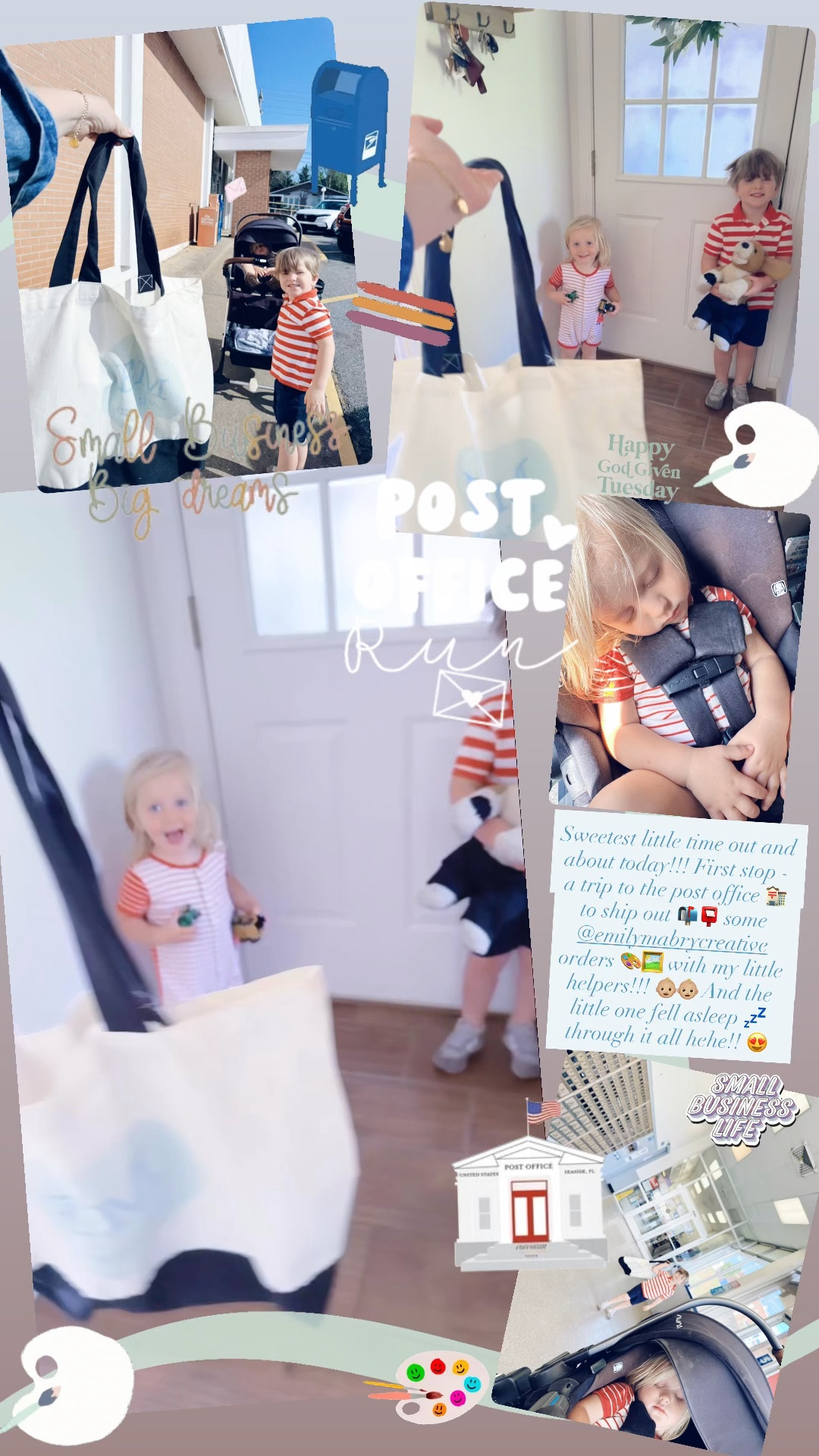 Sweetest little time out and about today!!! First stop - a trip to the post office 🏣 to ship out 📬📮 some @emilymabrycreative orders 🎨🖼️ with my little helpers!!! 👶🏼👶🏼 And the little one fell asleep 💤 through it all hehe!! 😍