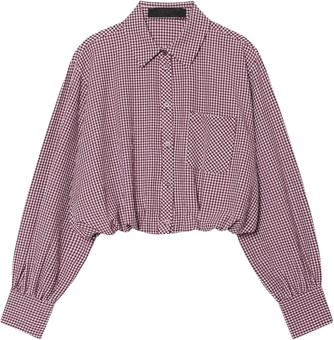 FindThy Women’s Gingham Balloon Shirt Casual Lapel Collar Long Sleeve Button Down Checkered Cro... | Amazon (US)