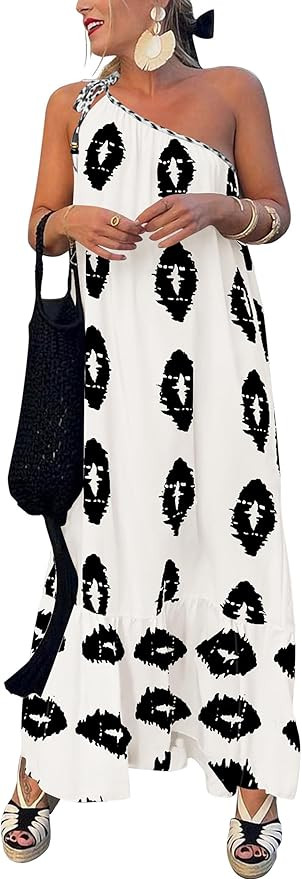 PRETTYGARDEN Women's Summer One Shoulder Maxi Dresses Printed Flowy Boho Beach Vacation Long Sund... | Amazon (US)