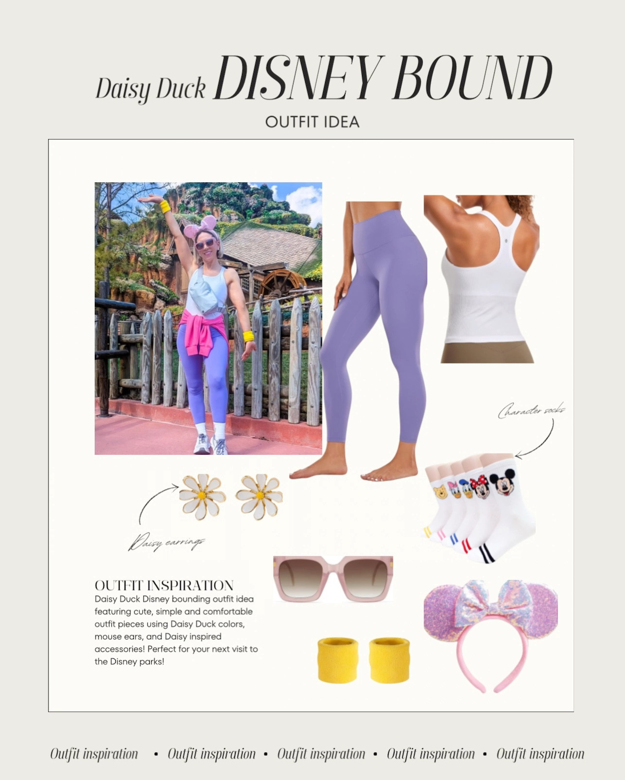 Go Disney bounding as Daisy Duck in these cute and comfy pieces!

Leggings true to size - I wear XS
Tank top true to size - I wear S (Both the leggings and tank top come in different colors)

Socks come in a set - I wore the Daisy Duck ones with my outfit

Pink sparkly mouse ears

Daisy earrings

Daisy Duck plushie doll makes a cute accessory

2L Lululemon Everywhere Belt Bag holds so many essentials - I loved this bag for the Disney parks even more than the 1L; I also have in the black color.

Purple eyeshadow would complete the look! 

#ltkpetite #ltkstyletip #ltkitbag #ltkfitness #ltkover40 #ltksalealert #ltktravel #ltkfamily


#LTKFindsUnder50 #LTKShoeCrush #LTKActive