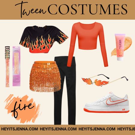 Tween Halloween costume ideas 
Easy Amazon cute costumes for school
Fire costume for best friends 
Orange sequin skirt and flame crop top - orange face glitter and hair tinsel  