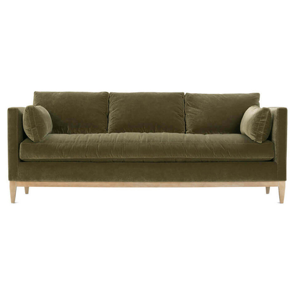 Leah Mid Century Modern Green Upholstered Velvet Brown Wood Sofa - 86""W | Kathy Kuo Home